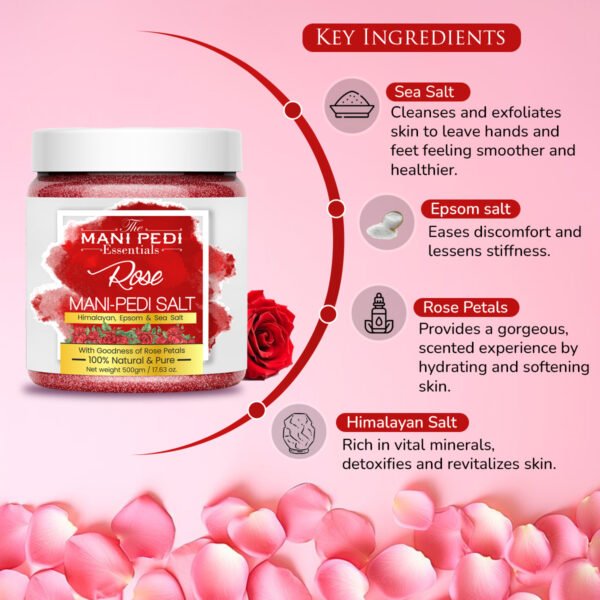 Rose Manicure & Pedicure Salt. Sea, Epsom & Himalayan Salts infused with Rose Petals & Essential Oils. Ideal Foot Soak for Dead Skin & Tan Removal. 100% Natural - 500gm - Image 4