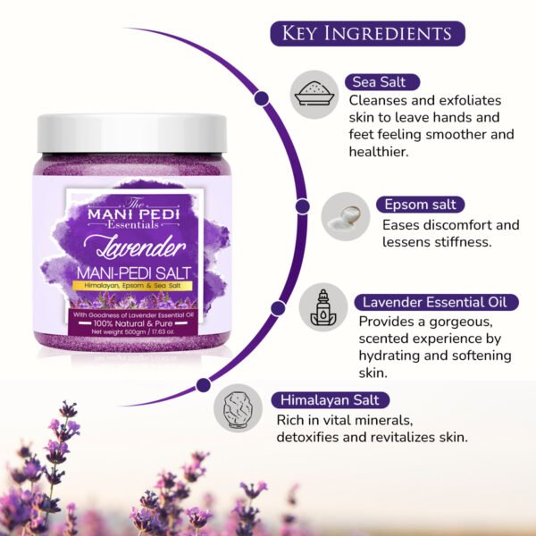 Lavender Manicure & Pedicure Salt. Sea, Epsom & Himalayan Salts infused with Lavender Essential Oil. Ideal Foot Soak for Dead Skin & Tan Removal. 100% Natural - 500gm - Image 4