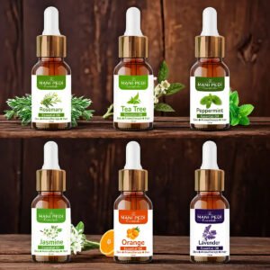 Set of 6 PURE Essential Oils. Rosemary, Lavender, Tea-Tree, Jasmine, Sweet Orange & Peppermint. 100% Natural Therapeutic Grade. Ideal for DIY Cosmetics/Soaps, Aromatherapy, Diffusers. 6 Bottles of 15ml Each (Total 90ml)